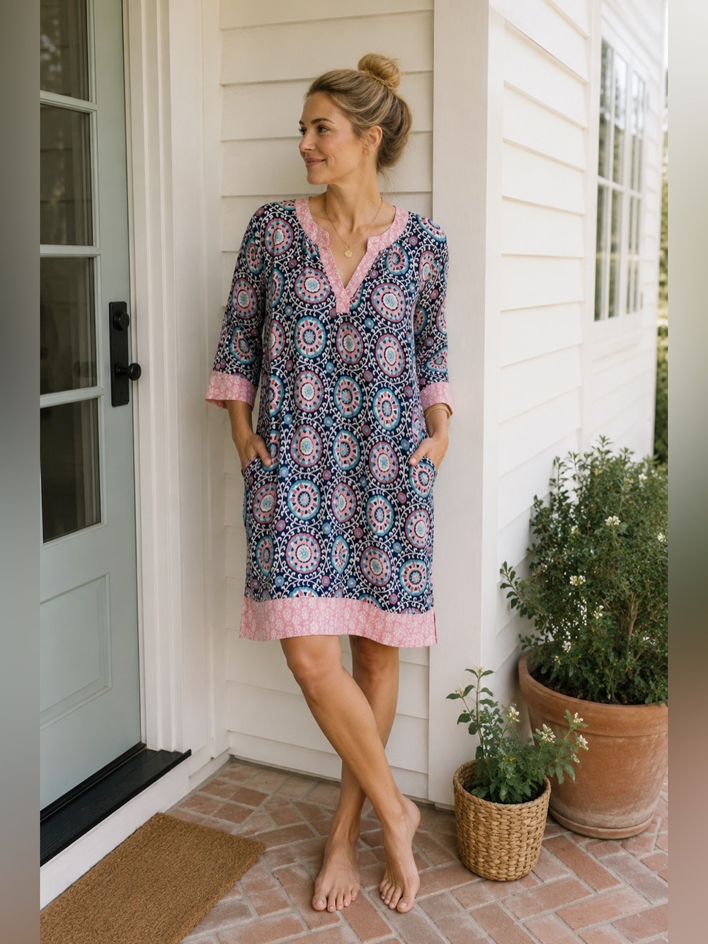 The Company Store Medallion Print Tunic Dress Pockets M/L Boho